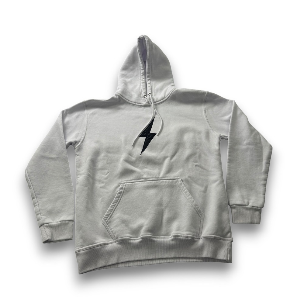 Bruce Bolt Mens XL White Lightning Bolt Logo Pullover Fleece Hoodie Sweatshirt